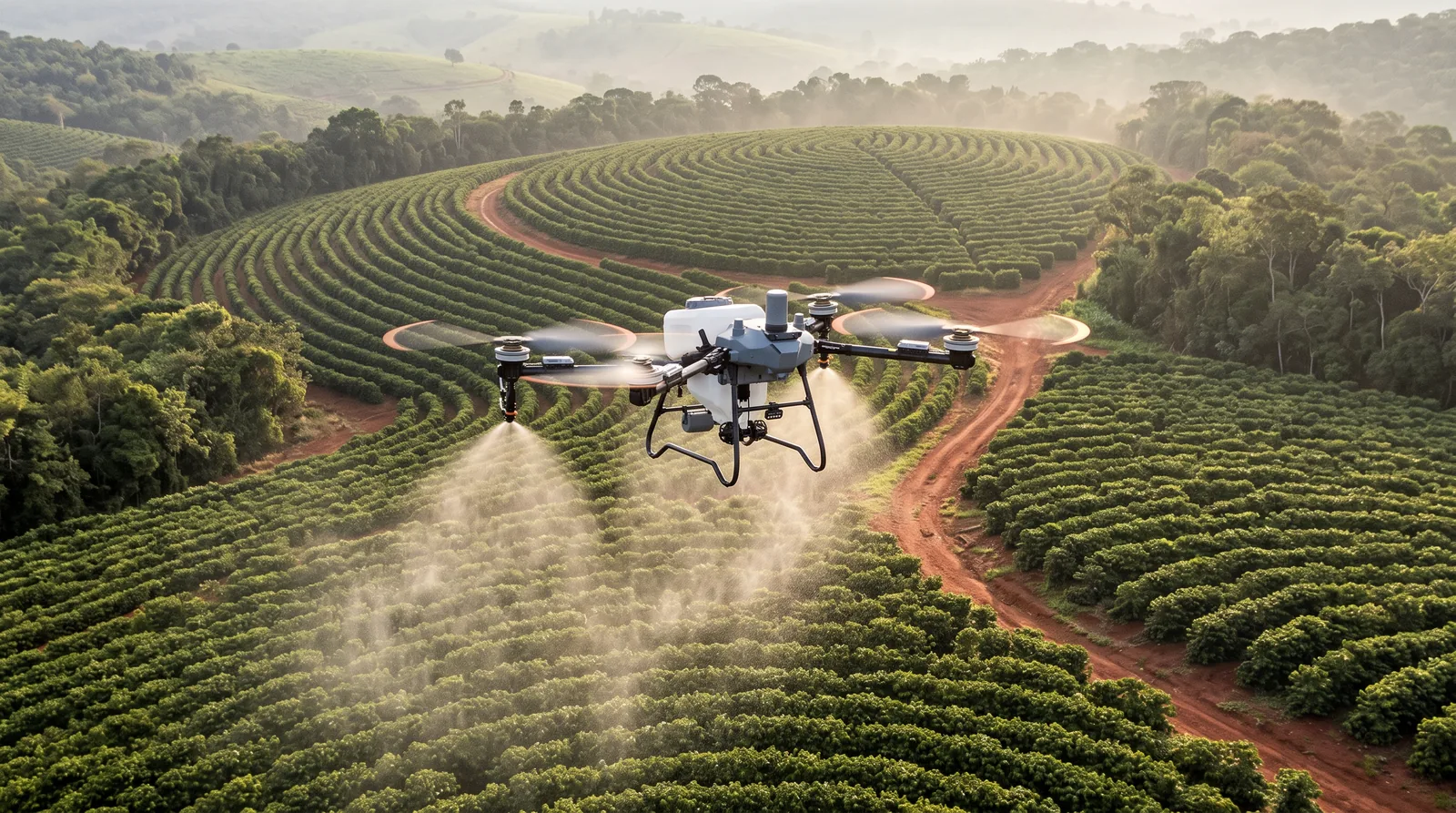 Drone pulverizador agrícola sobre lavoura de café plantada em curva de nível, com carreadores de terra vermelha contornando o relevo