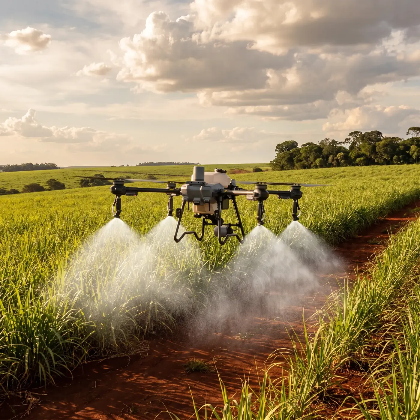 Drone pulverizador agrícola voando baixo sobre canavial, com leque de pulverização visível abaixo dos braços